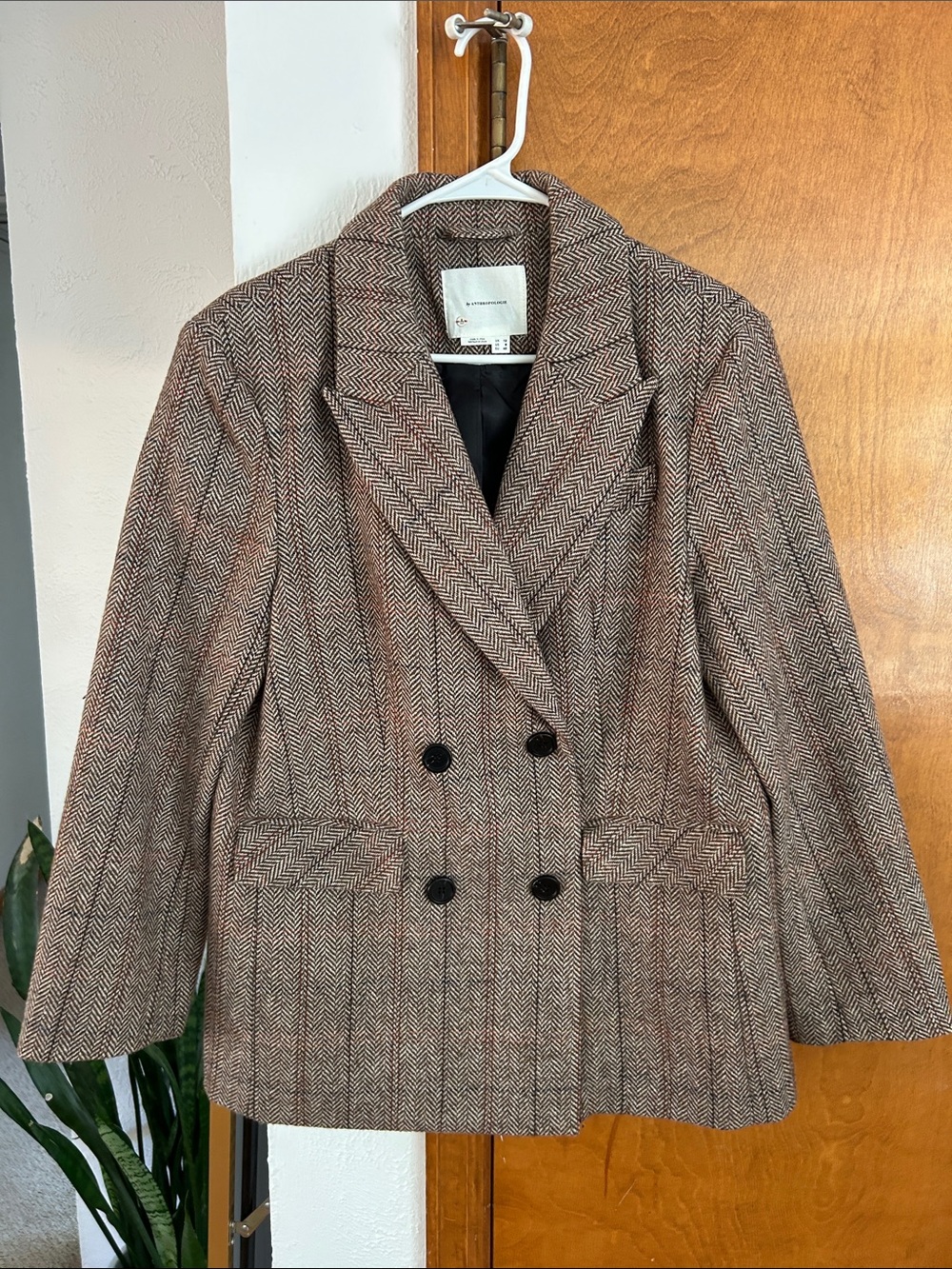 Anthropologie Wool-Blend Brown Herringbone Double-Breasted Blazer, 8